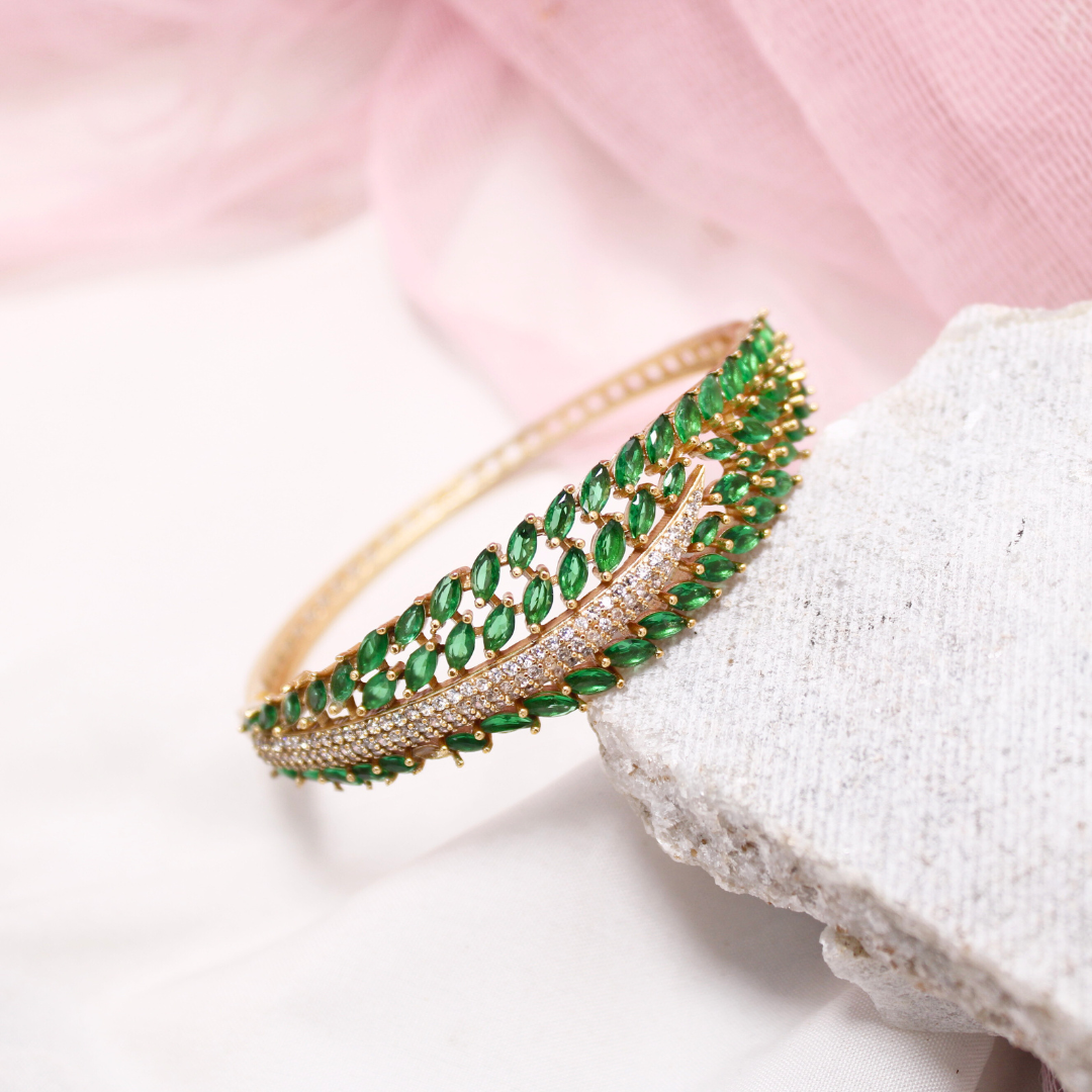 Emerald Green Leaf Design AD Openable Kada – Gold Finish Bracelet