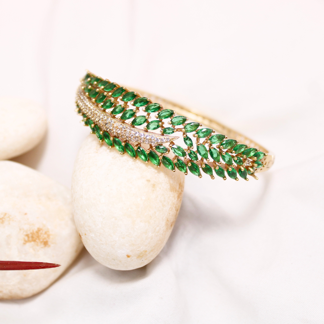 Emerald Green Leaf Design AD Openable Kada – Gold Finish Bracelet
