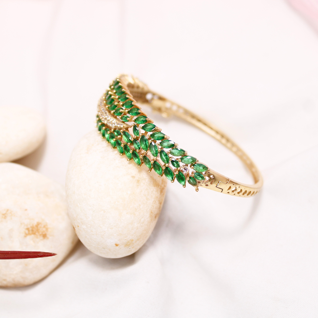 Emerald Green Leaf Design AD Openable Kada – Gold Finish Bracelet