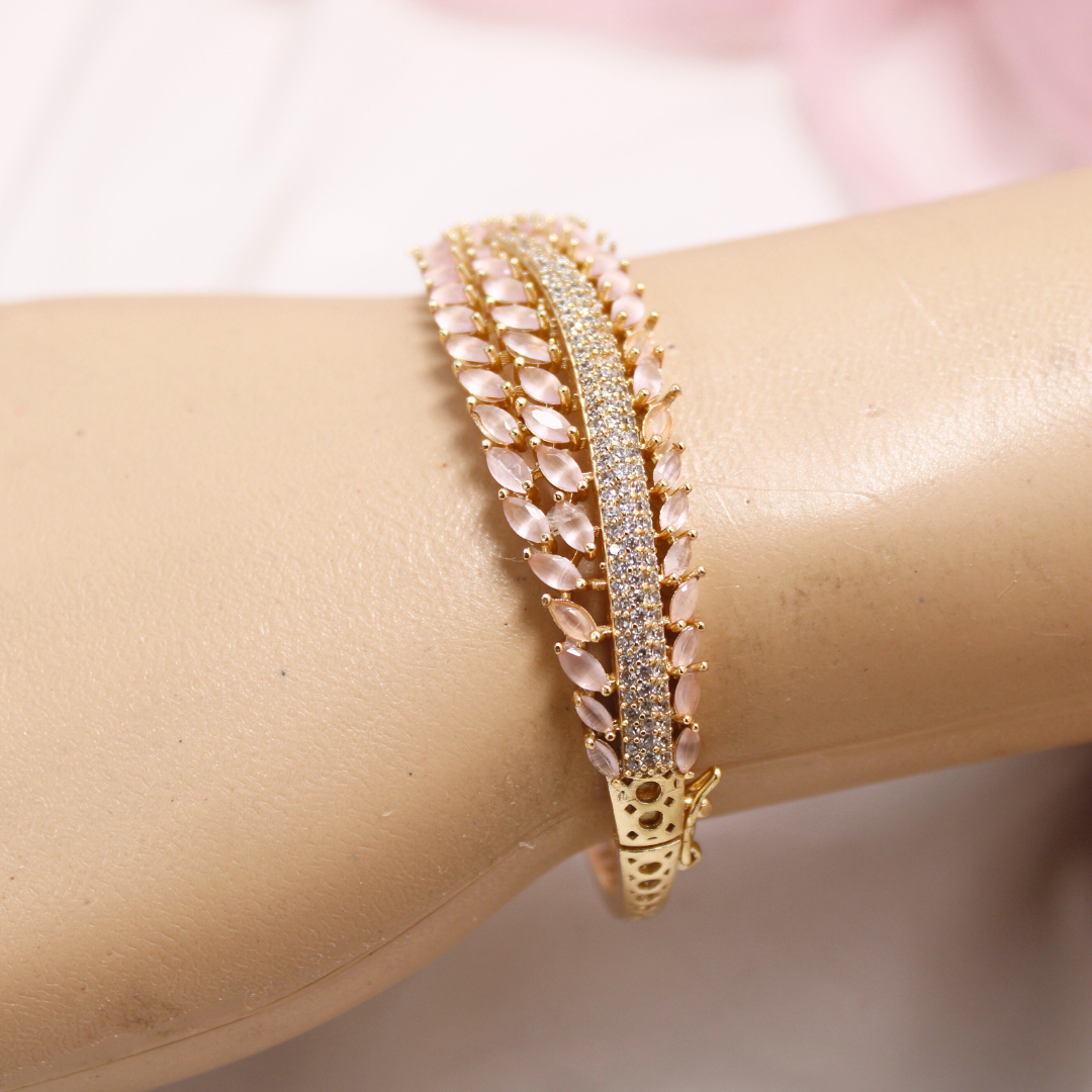 Pastel Pink Leaf Design AD Openable Kada β Gold Finish Bracelet