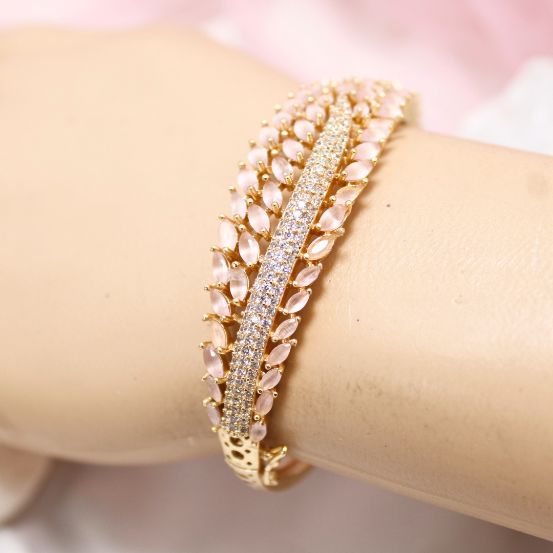Pastel Pink Leaf Design AD Openable Kada β Gold Finish Bracelet