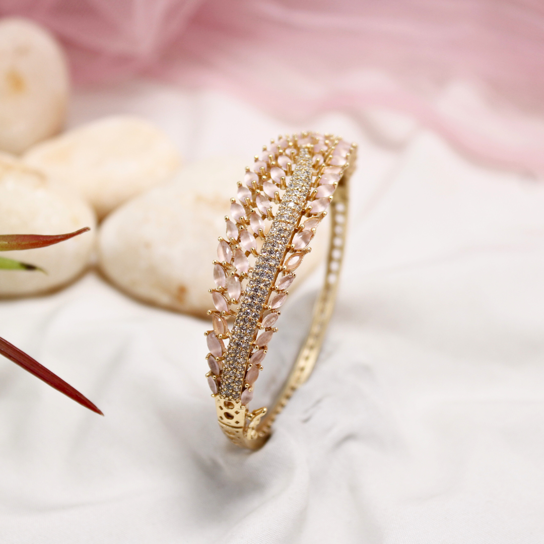Pastel Pink Leaf Design AD Openable Kada β Gold Finish Bracelet