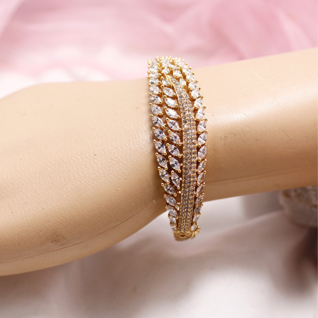 White Stone Leaf Design AD Openable Kada – Gold Finish Diamond Look Bracelet