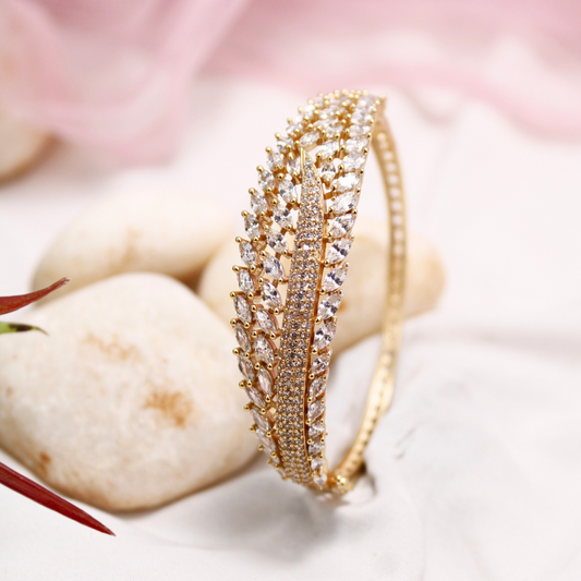 White Stone Leaf Design AD Openable Kada – Gold Finish Diamond Look Bracelet