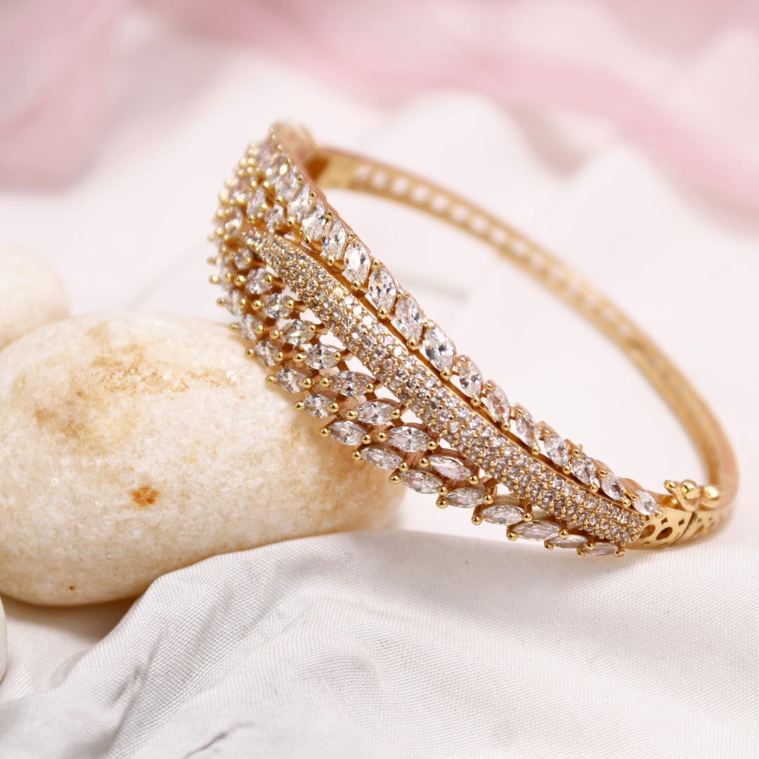 White Stone Leaf Design AD Openable Kada – Gold Finish Diamond Look Bracelet