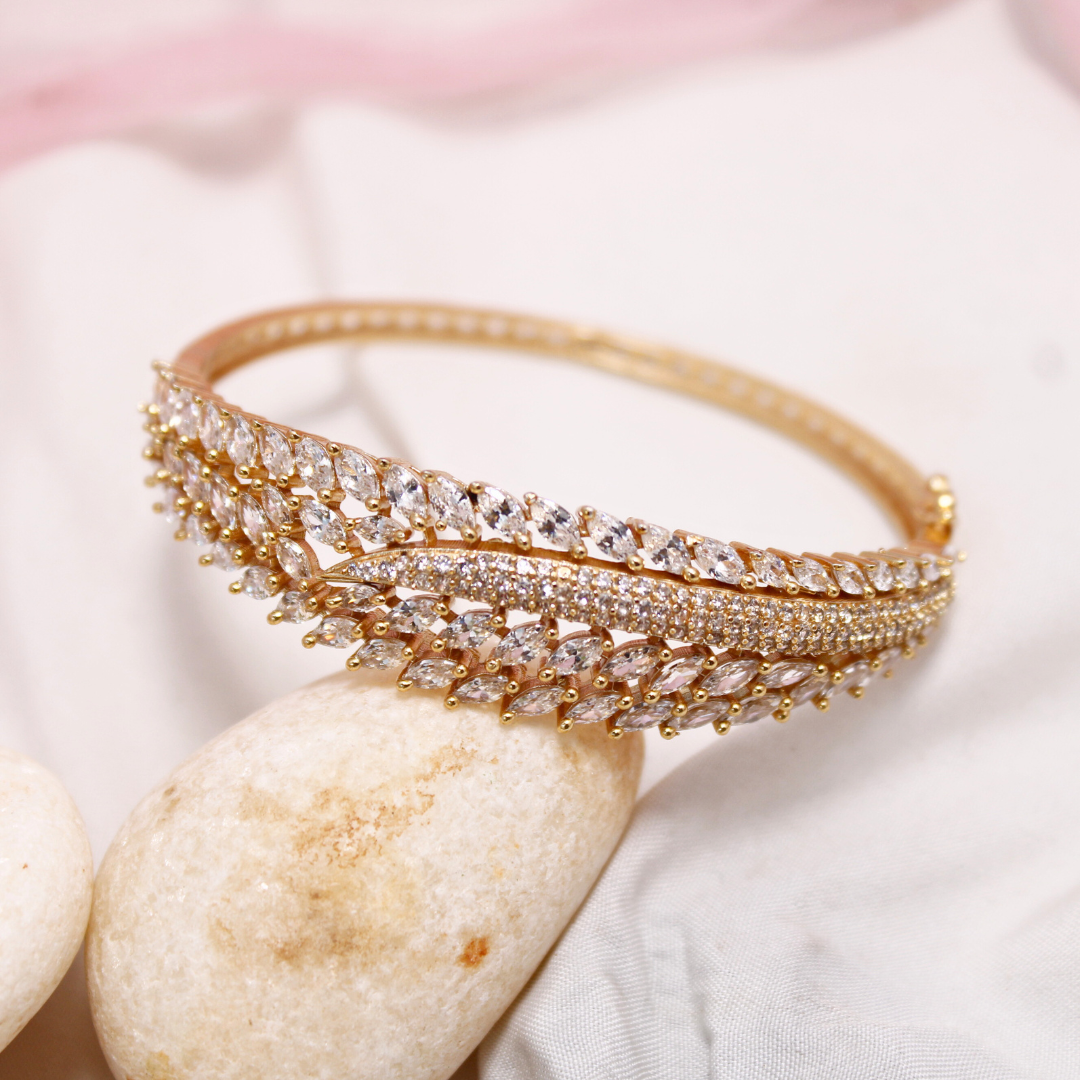 White Stone Leaf Design AD Openable Kada – Gold Finish Diamond Look Bracelet