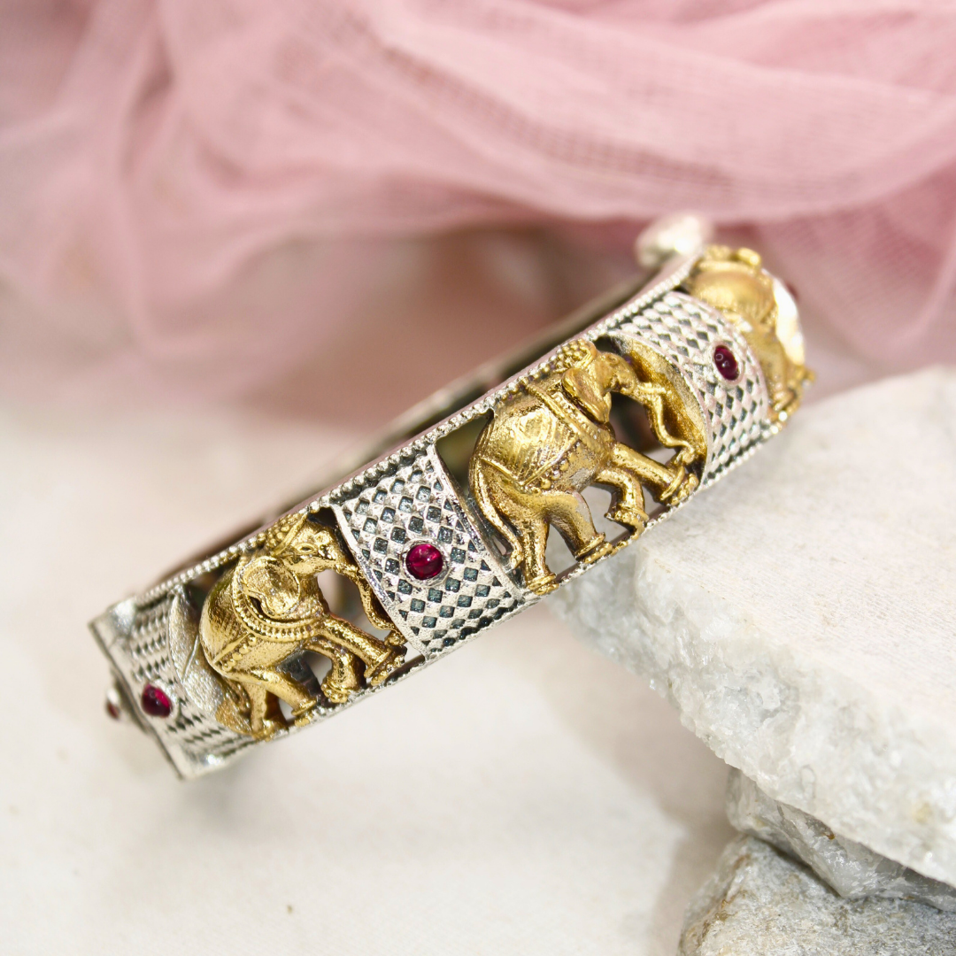 Elephant Motif Dual-Tone Kada with Ruby Stones