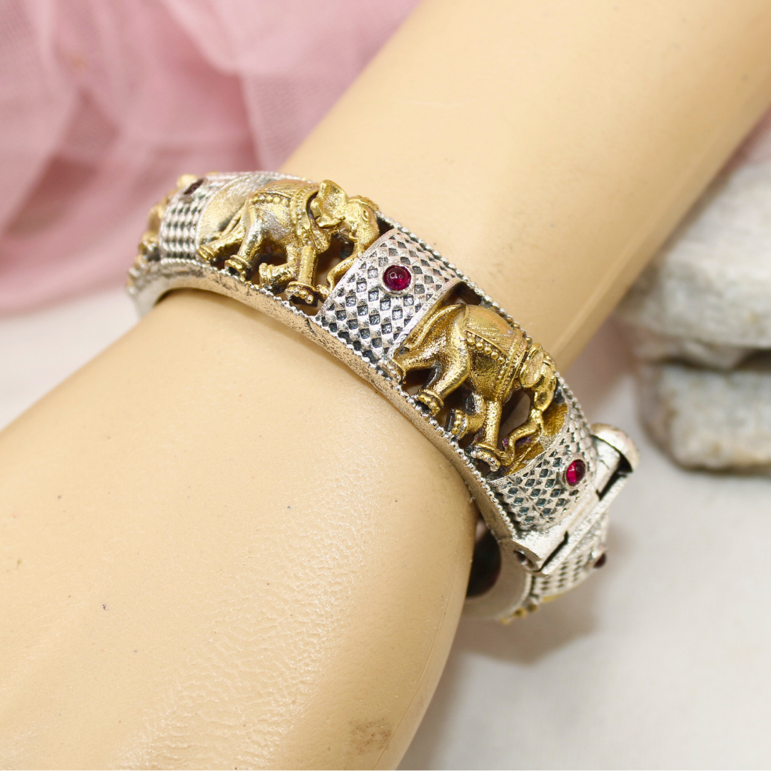 Elephant Motif Dual-Tone Kada with Ruby Stones