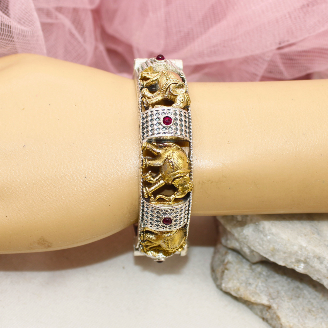 Elephant Motif Dual-Tone Kada with Ruby Stones