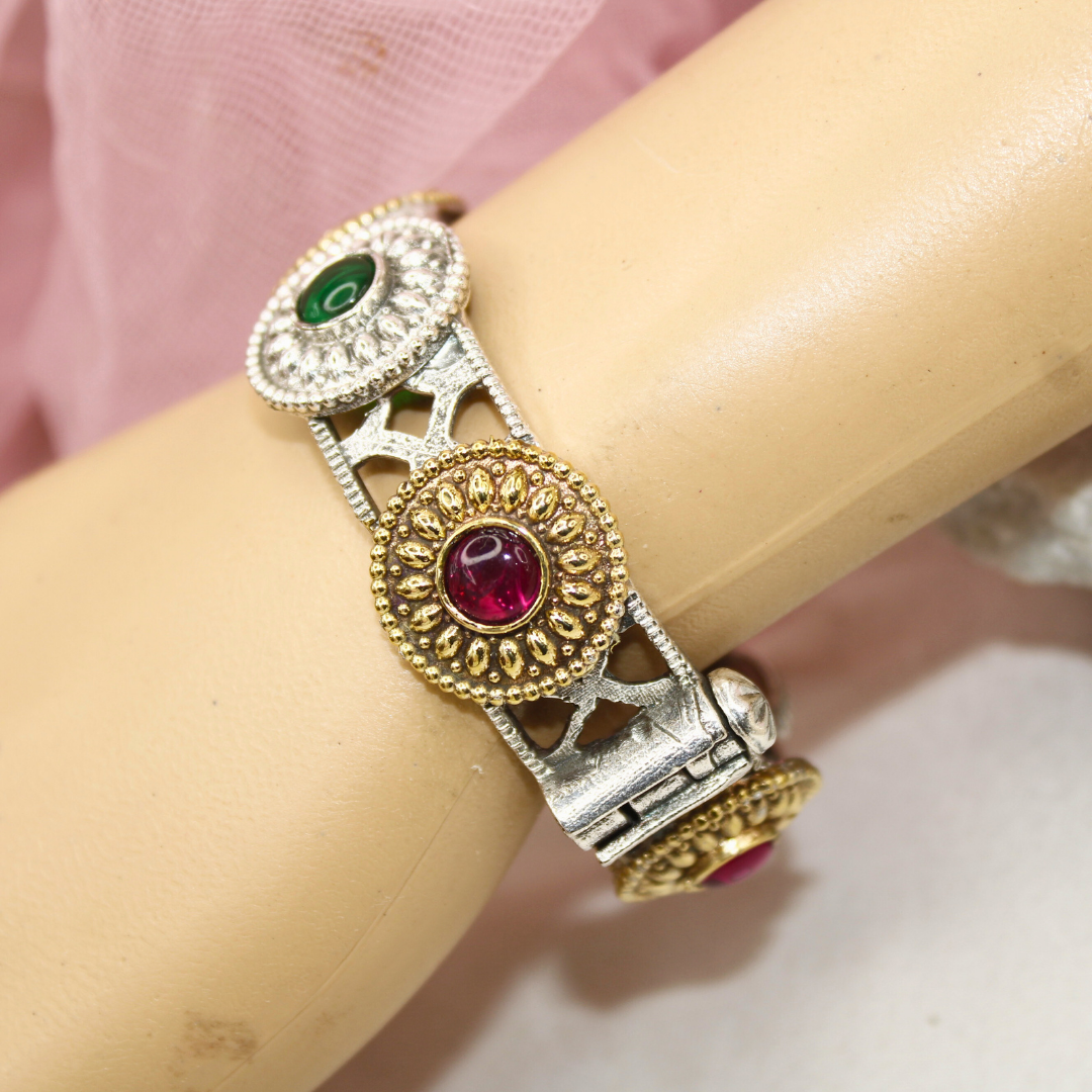 Antique Dual-Tone Kada with Green & Ruby Red Stones