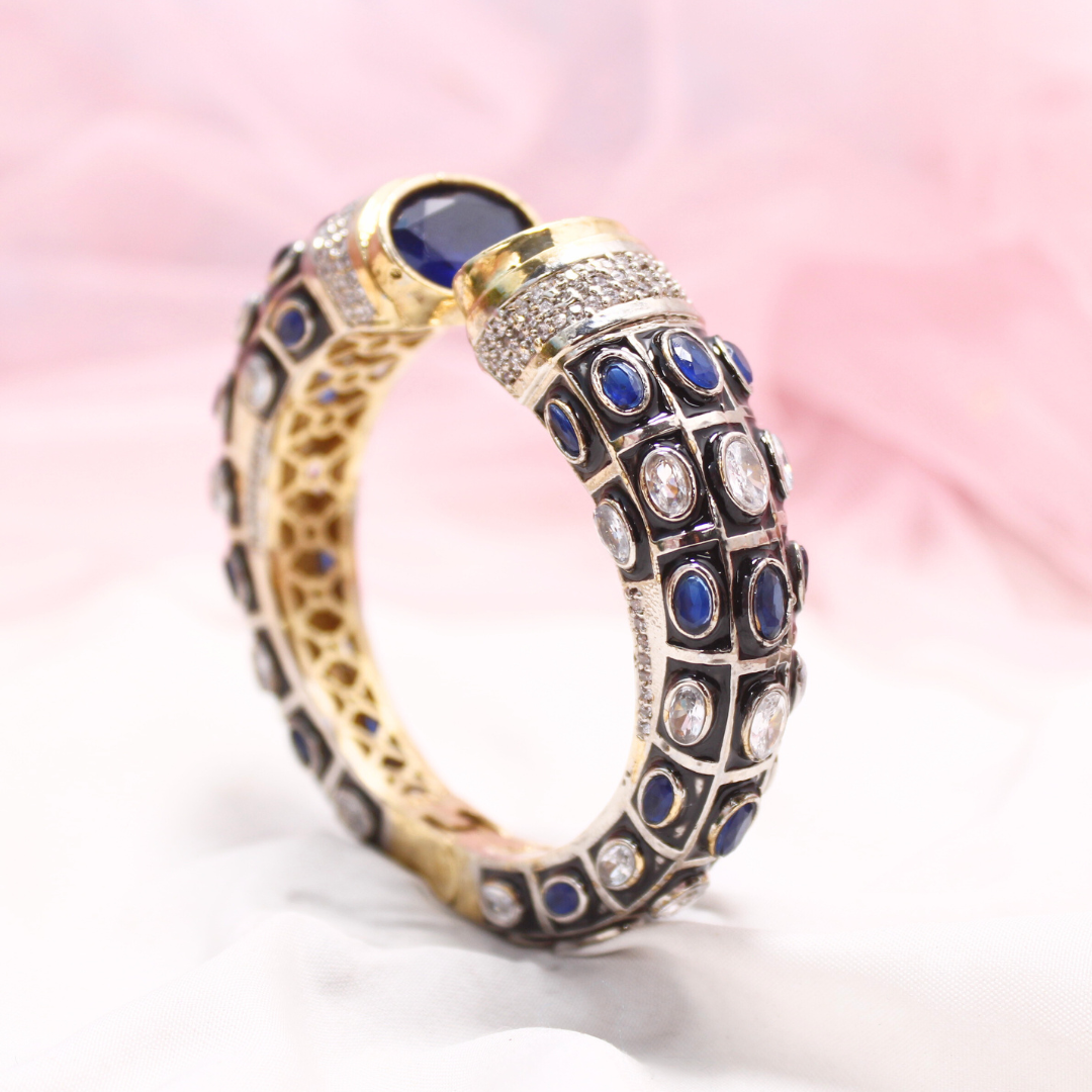 Rajwadi Stone & Meenakari Kada – Gold Plated Blue & White Openable Bangle