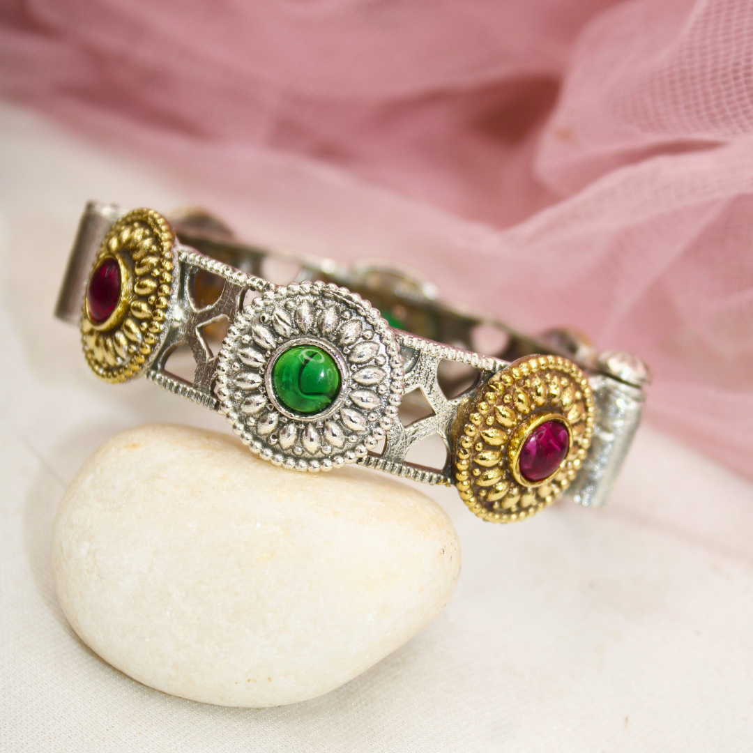 Antique Dual-Tone Kada with Green & Ruby Red Stones