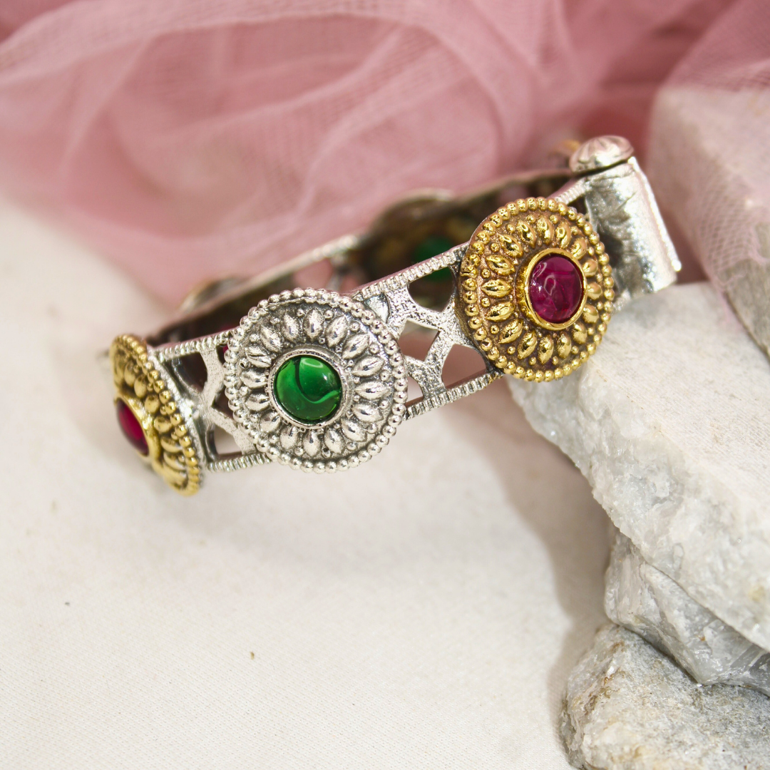 Antique Dual-Tone Kada with Green & Ruby Red Stones