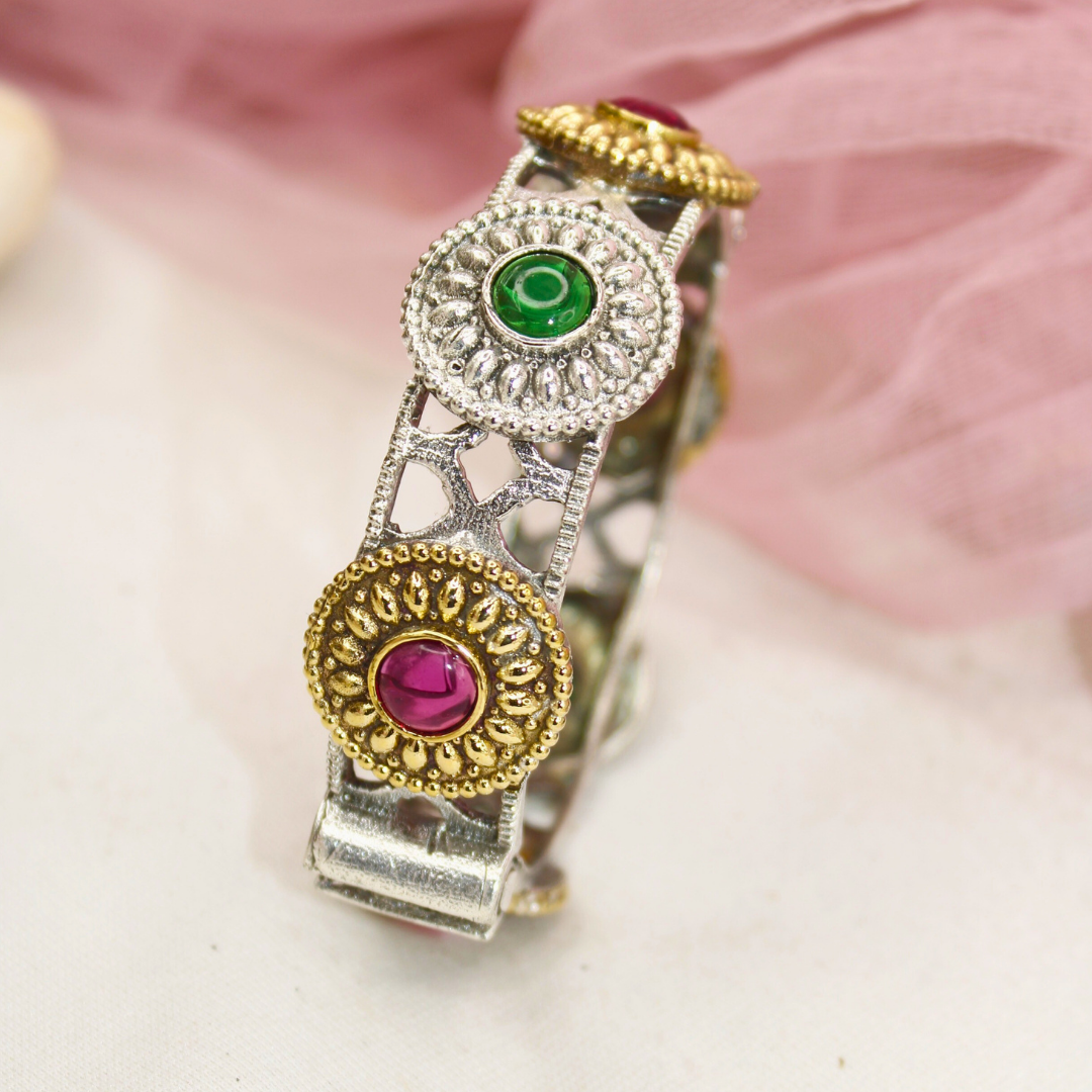 Antique Dual-Tone Kada with Green & Ruby Red Stones