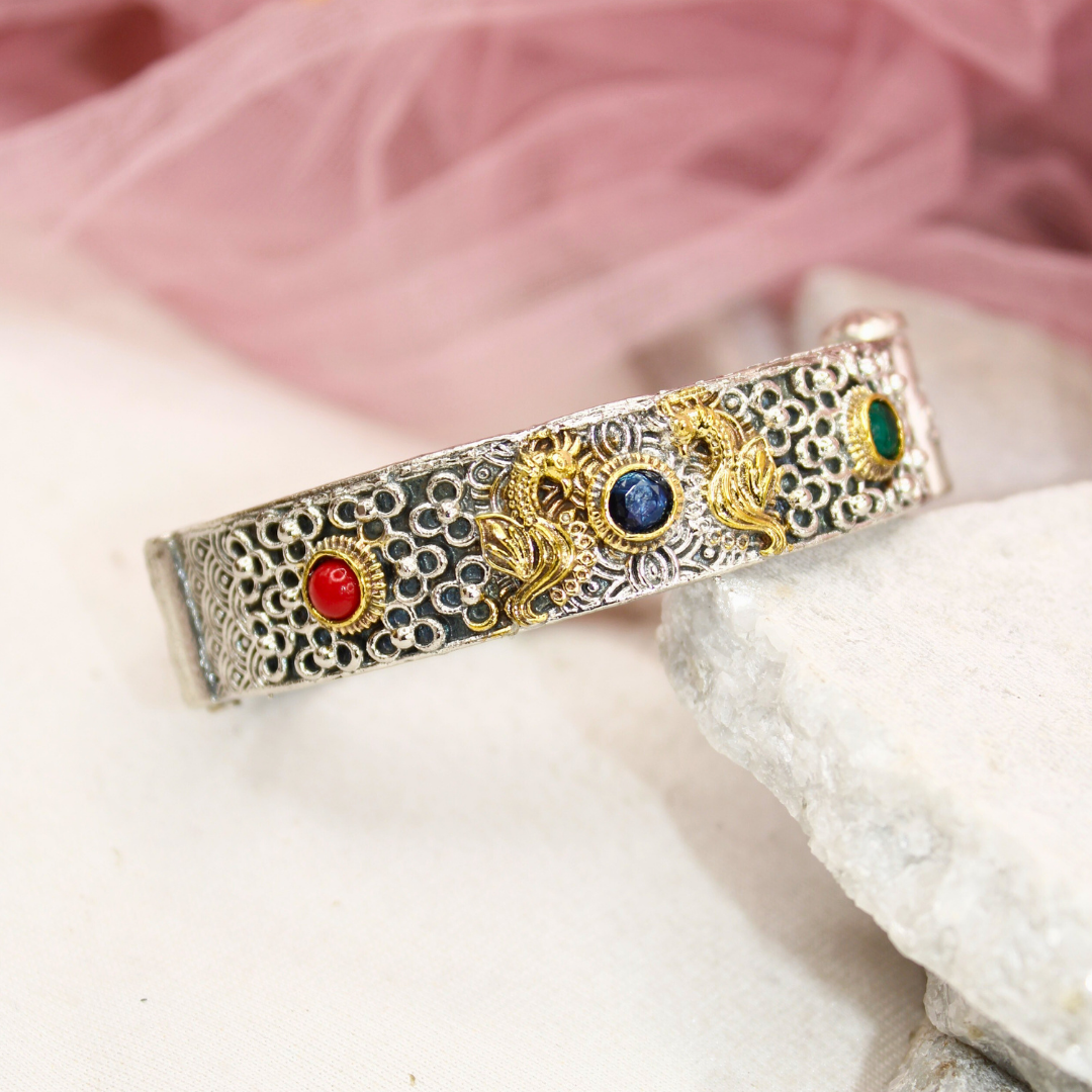 Antique Dual-Tone Kada with Red, Blue & Green Stones