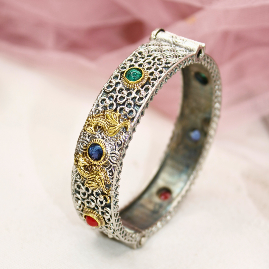 Antique Dual-Tone Kada with Red, Blue & Green Stones