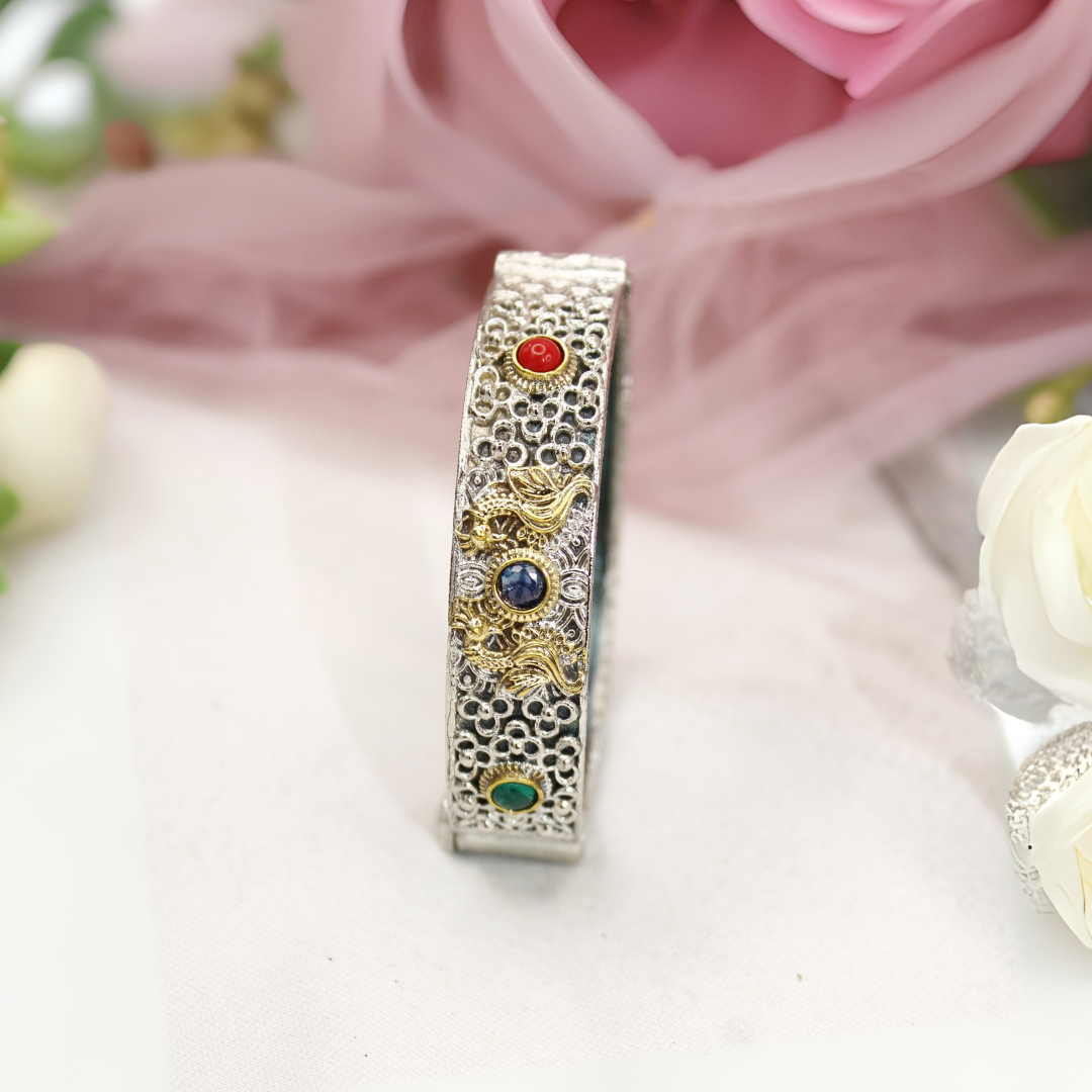 Antique Dual-Tone Kada with Red, Blue & Green Stones