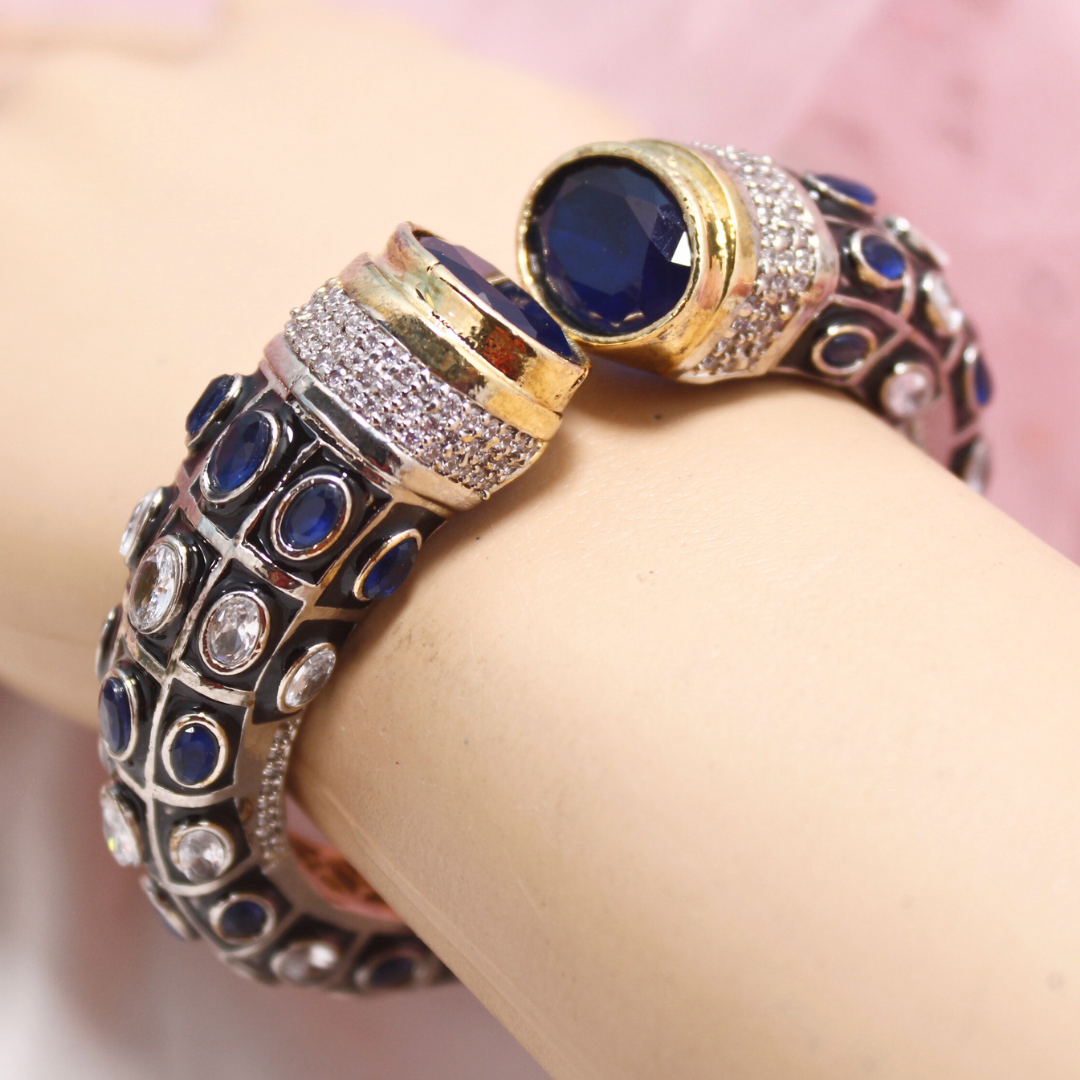 Rajwadi Stone & Meenakari Kada – Gold Plated Blue & White Openable Bangle