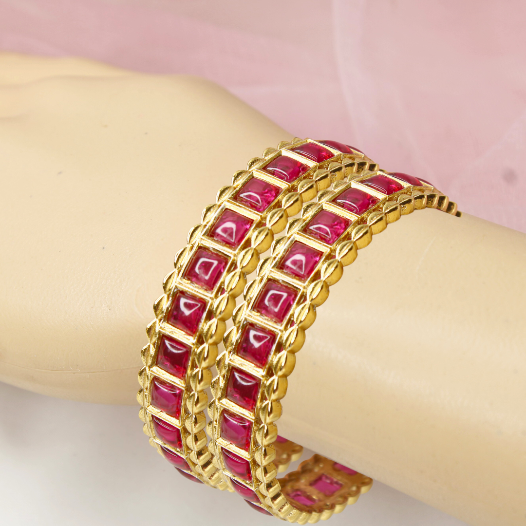 Ruby Pink Stone Bangles Set of 2 – Gold Plated Bridal & Festive Bangles