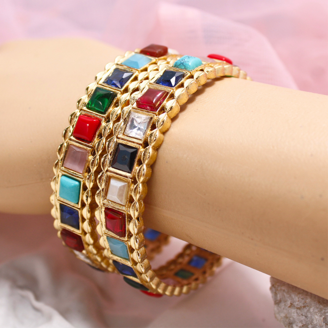 Navratan Bangles Set of 2 – Gold Plated Multi-Stone Traditional Bangles