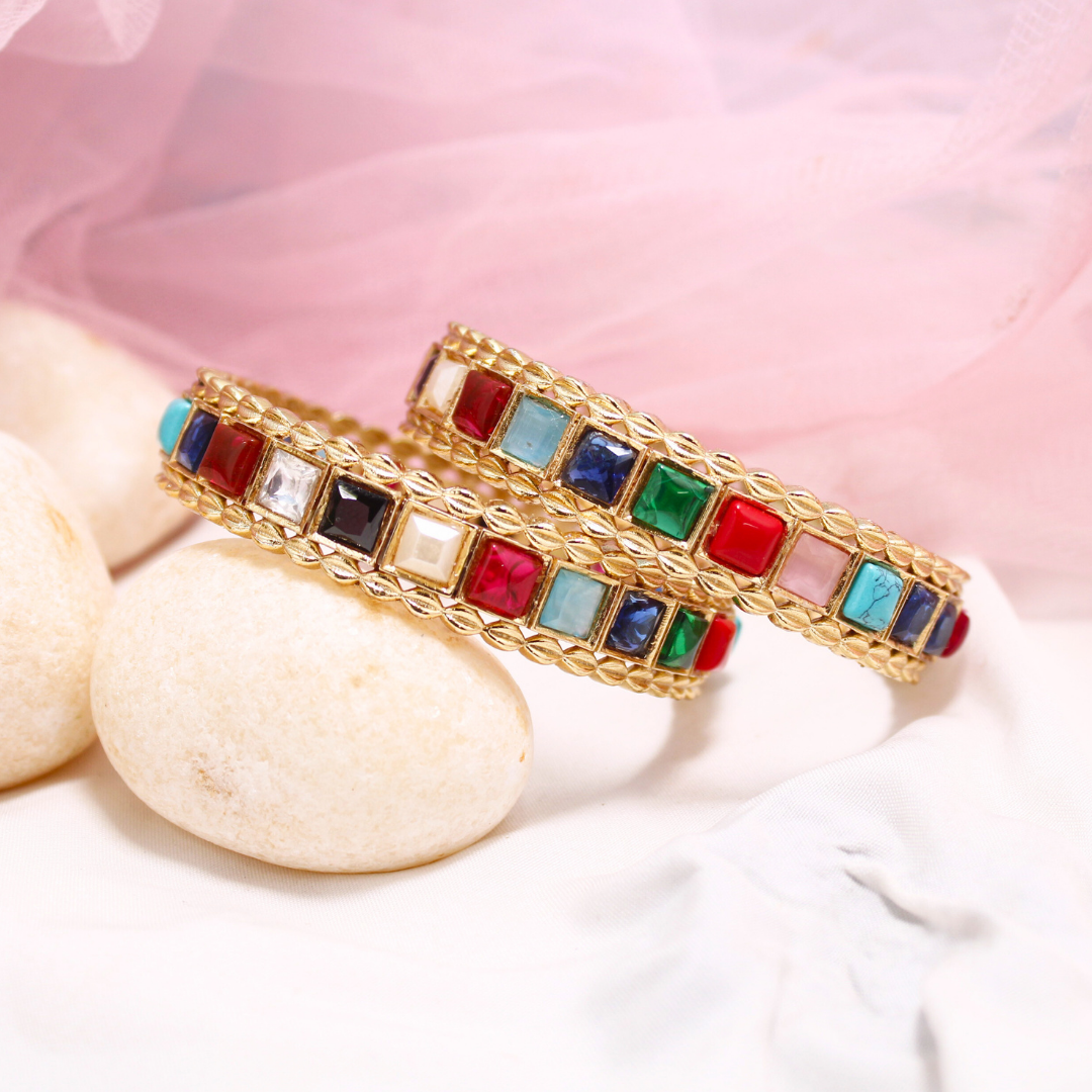 Navratan Bangles Set of 2 – Gold Plated Multi-Stone Traditional Bangles
