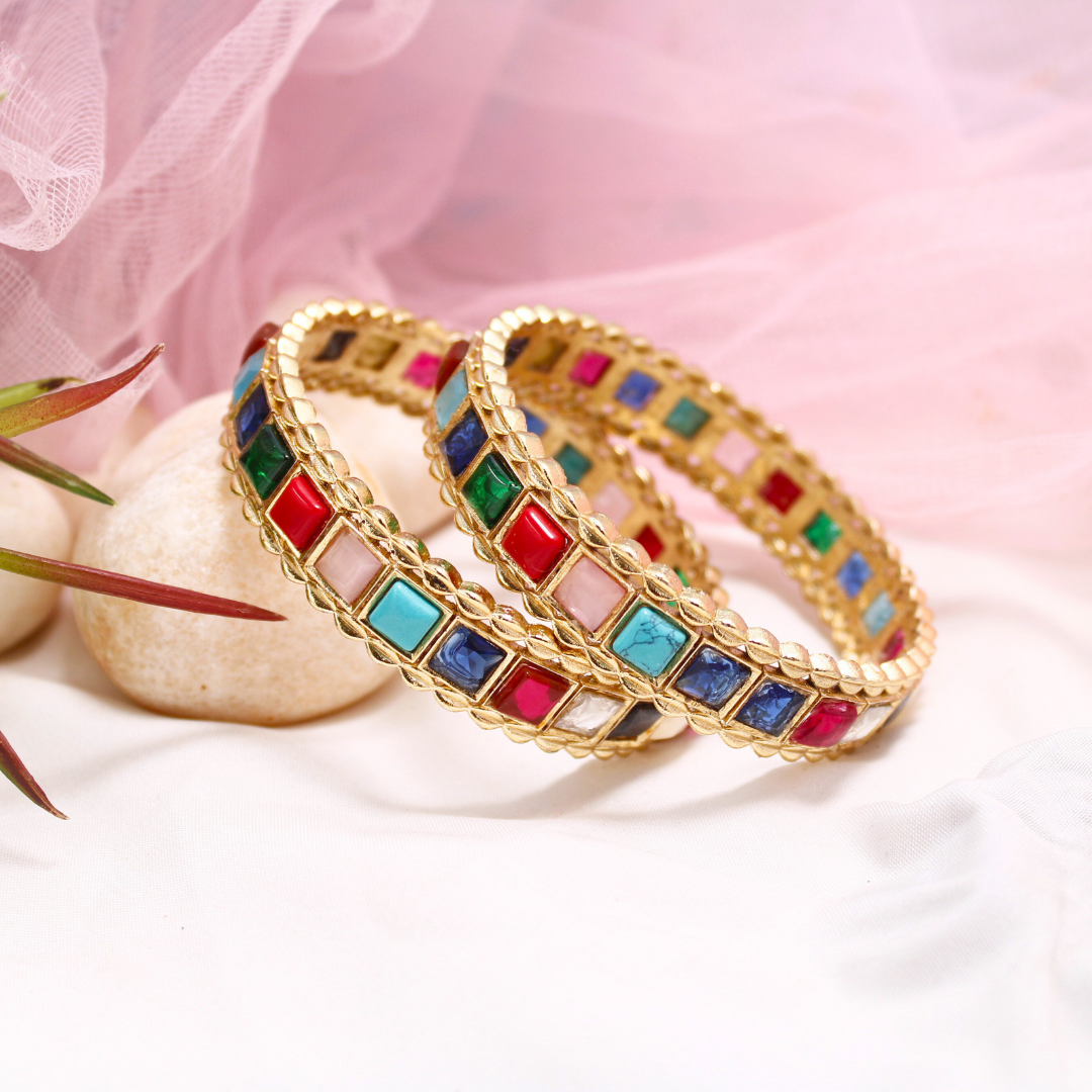 Navratan Bangles Set of 2 – Gold Plated Multi-Stone Traditional Bangles