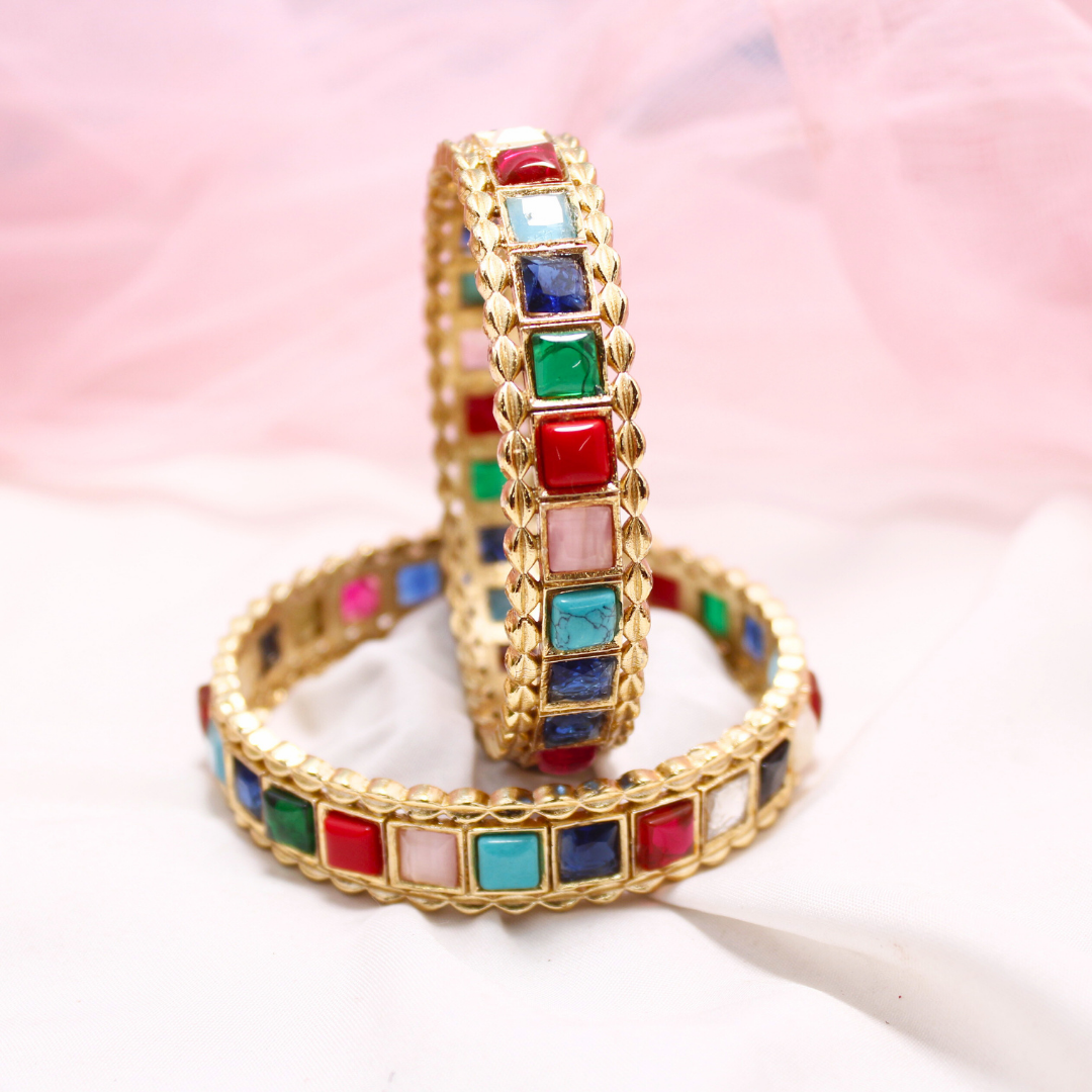 Navratan Bangles Set of 2 – Gold Plated Multi-Stone Traditional Bangles