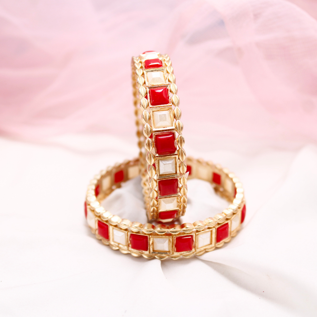 Rajwadi Square Coral Red & White Stone Bangles Set of 2