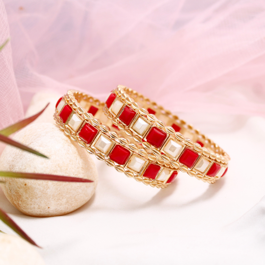 Rajwadi Square Coral Red & White Stone Bangles Set of 2