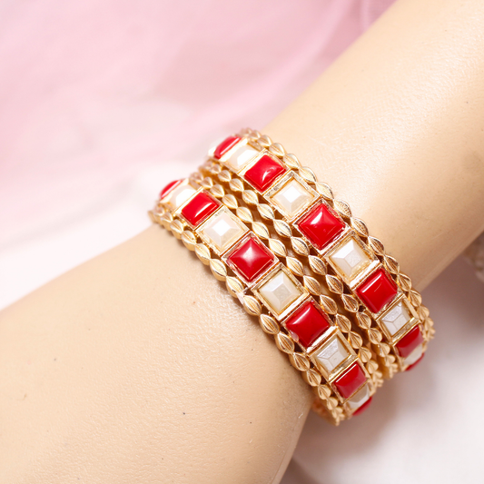 Rajwadi Square Coral Red & White Stone Bangles Set of 2