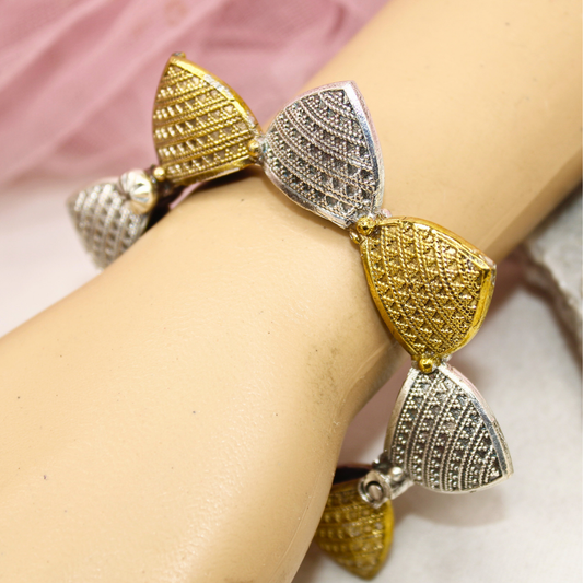 Dual-Tone Openable Kada – Gold & Silver Engraved Statement Bracelet