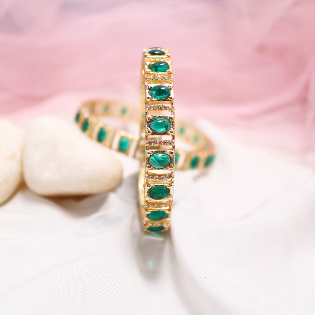 Green Zircon/AD Gold Plated Bangle Set of 2