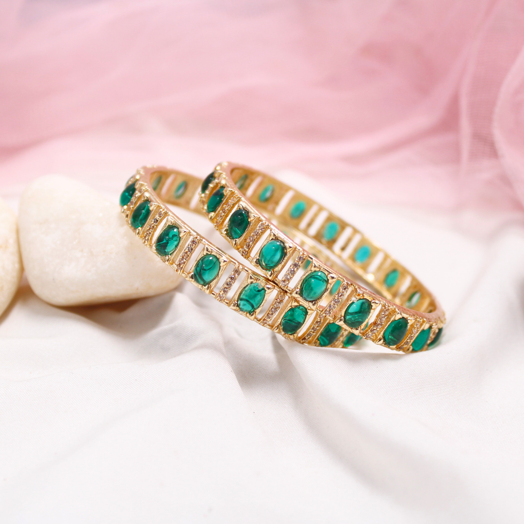 Green Zircon/AD Gold Plated Bangle Set of 2