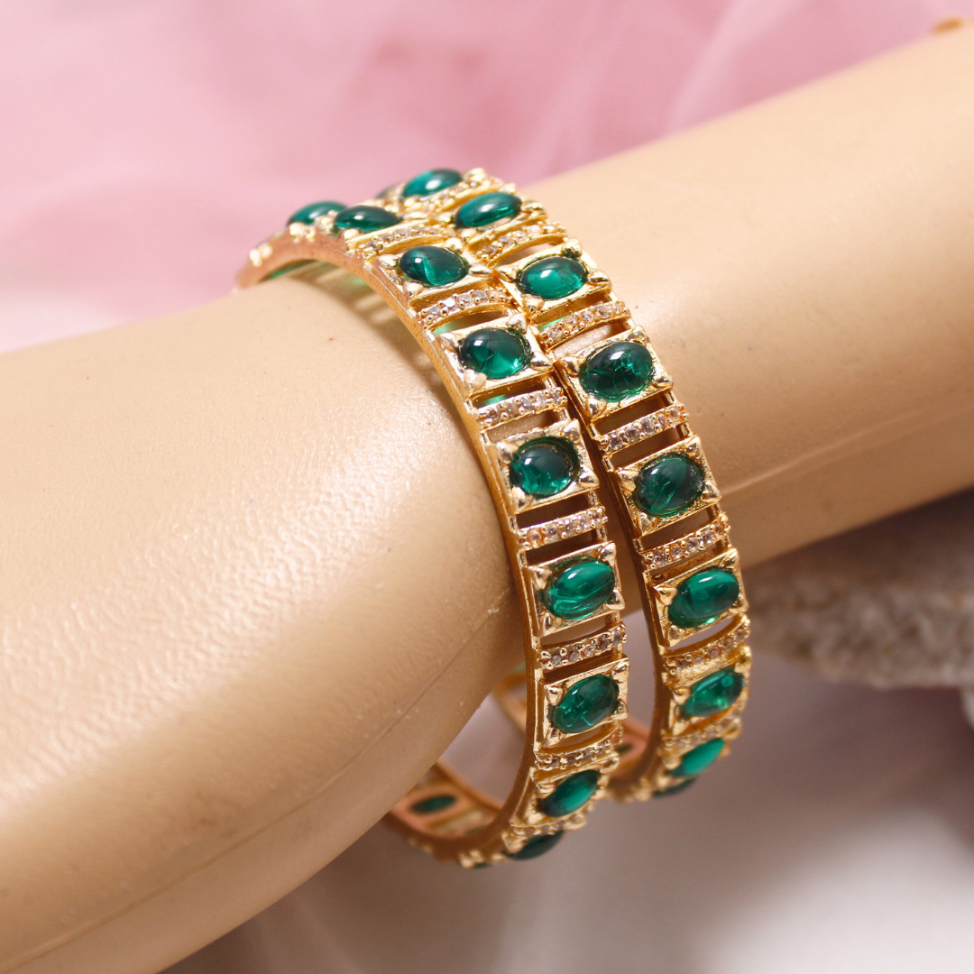 Green Zircon/AD Gold Plated Bangle Set of 2