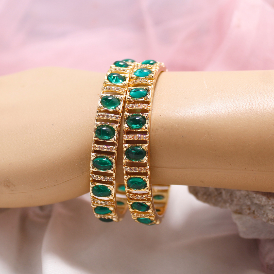 Green Zircon/AD Gold Plated Bangle Set of 2