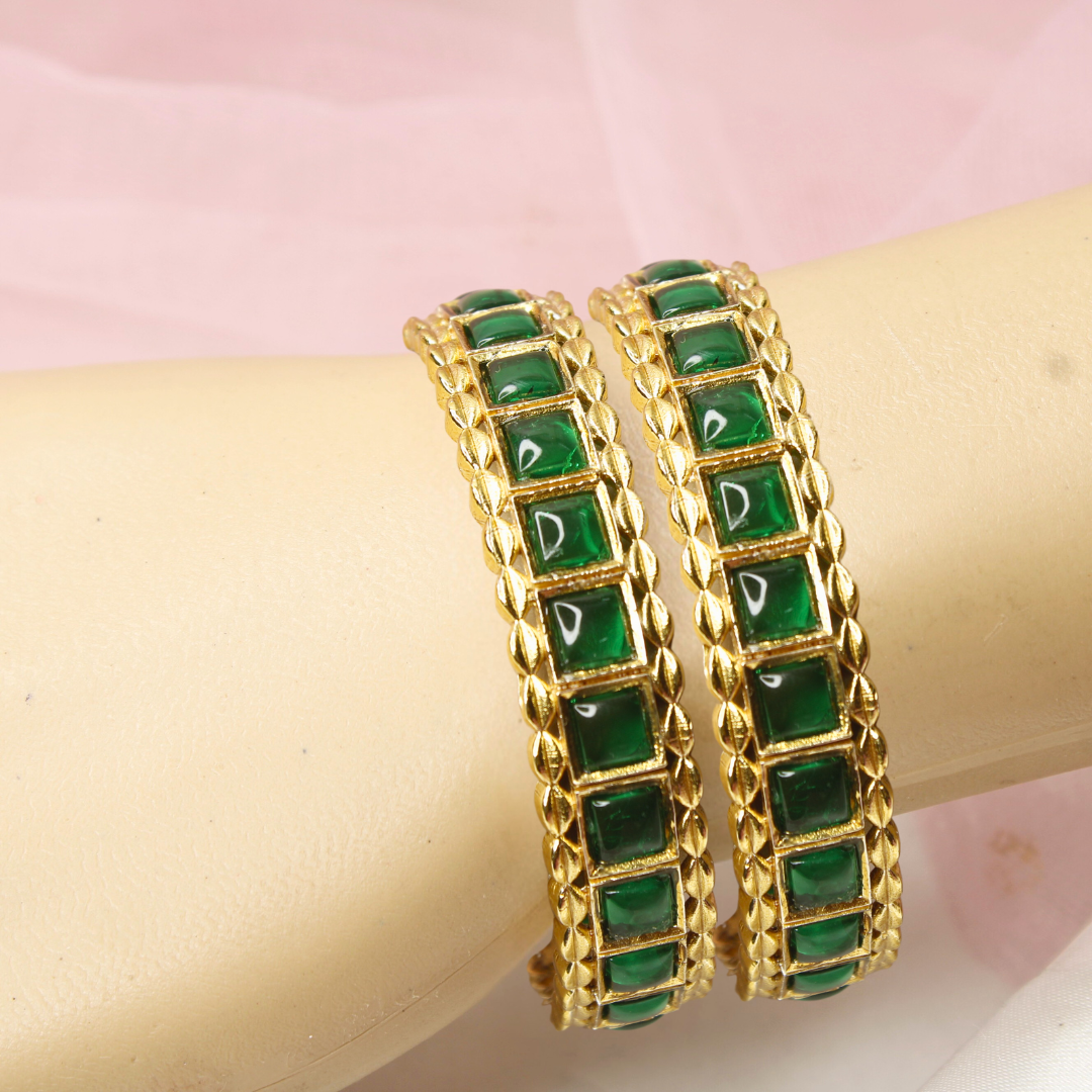 Green Square Stone Bangles Set of 2 – Gold Plated Traditional Bangles