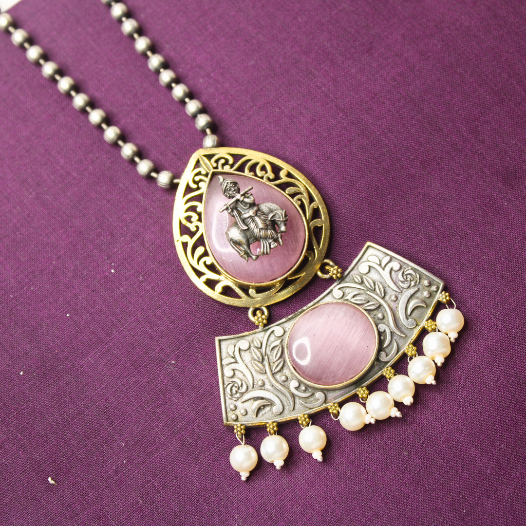 Pink Krishna Cow Motif Pendant Set