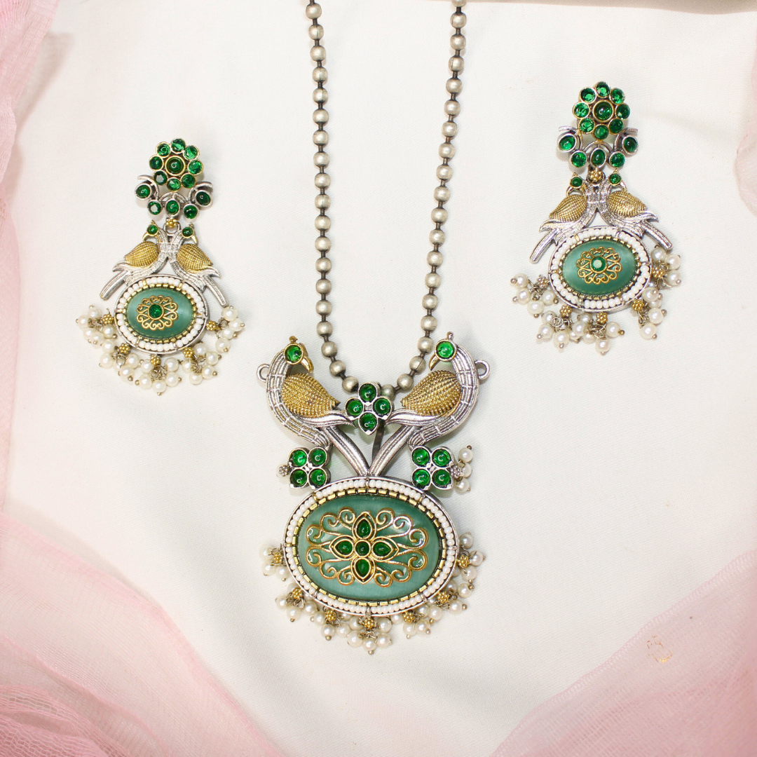 Green Dual Tone Peacock Pendant Set