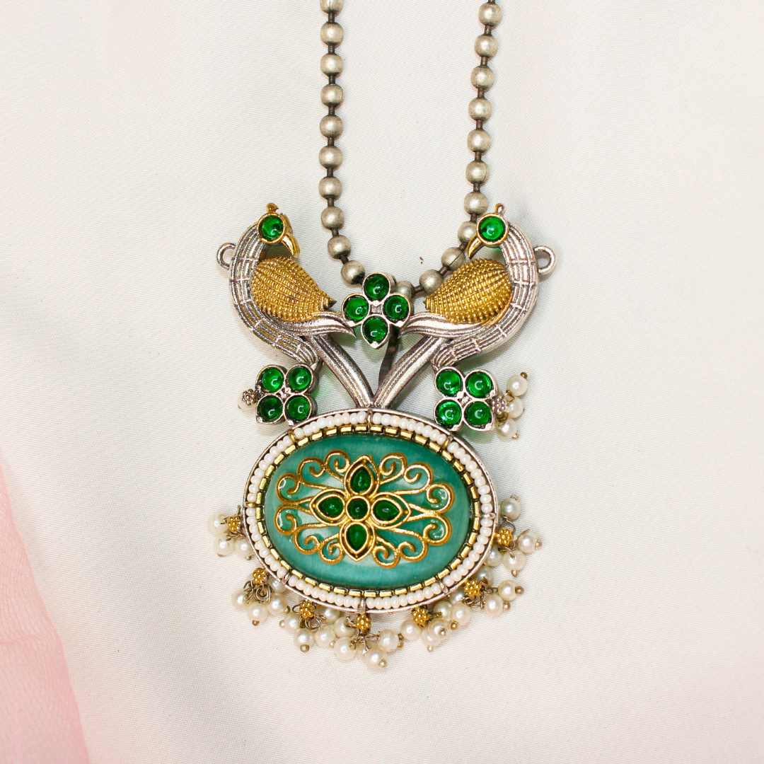 Green Dual Tone Peacock Pendant Set