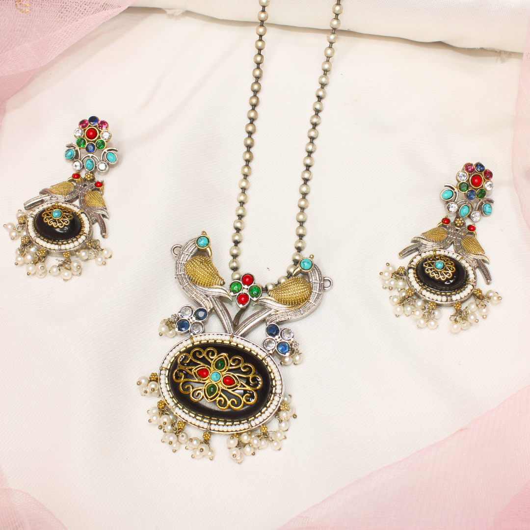 Navratan Dual Tone Peacock Pendant Set