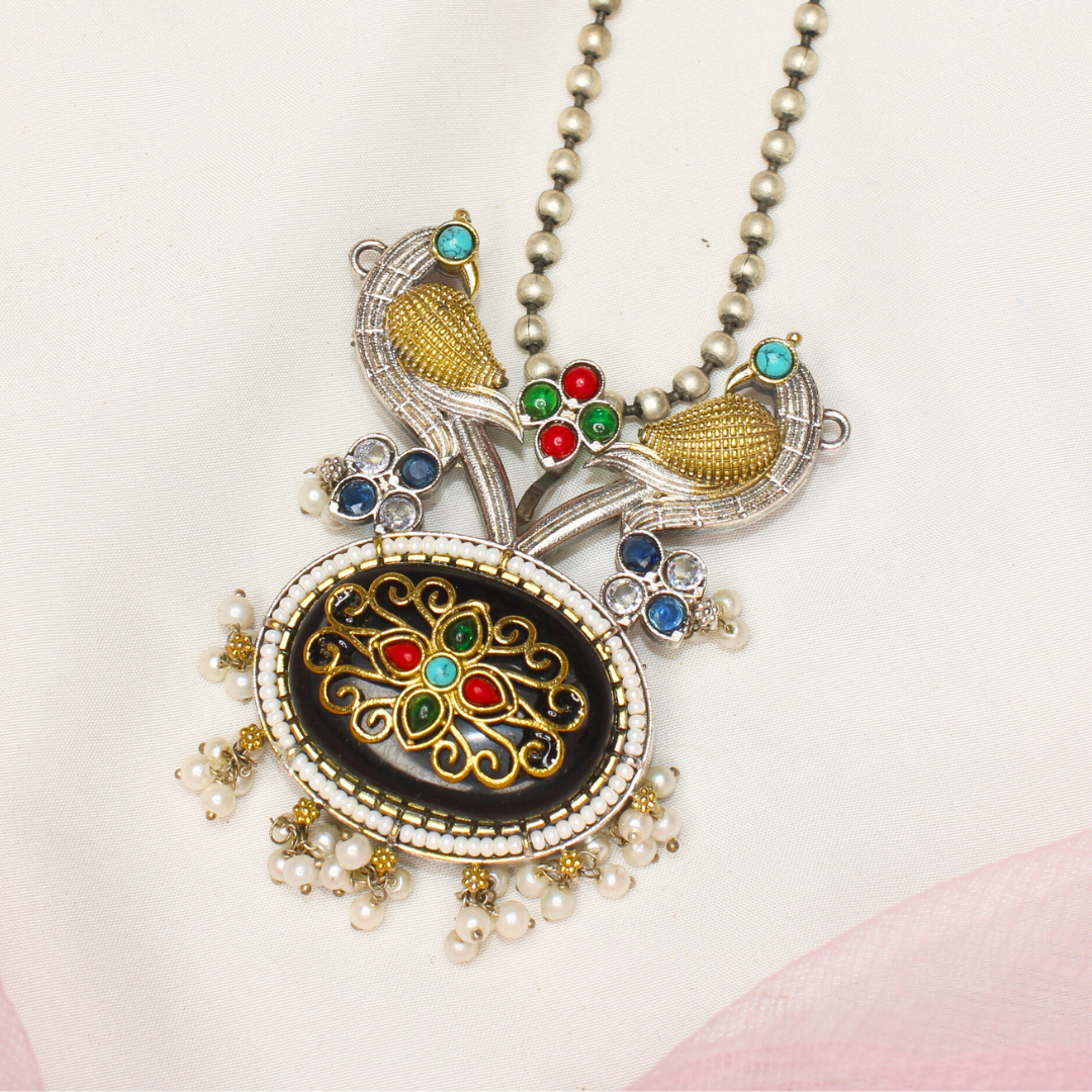 Navratan Dual Tone Peacock Pendant Set