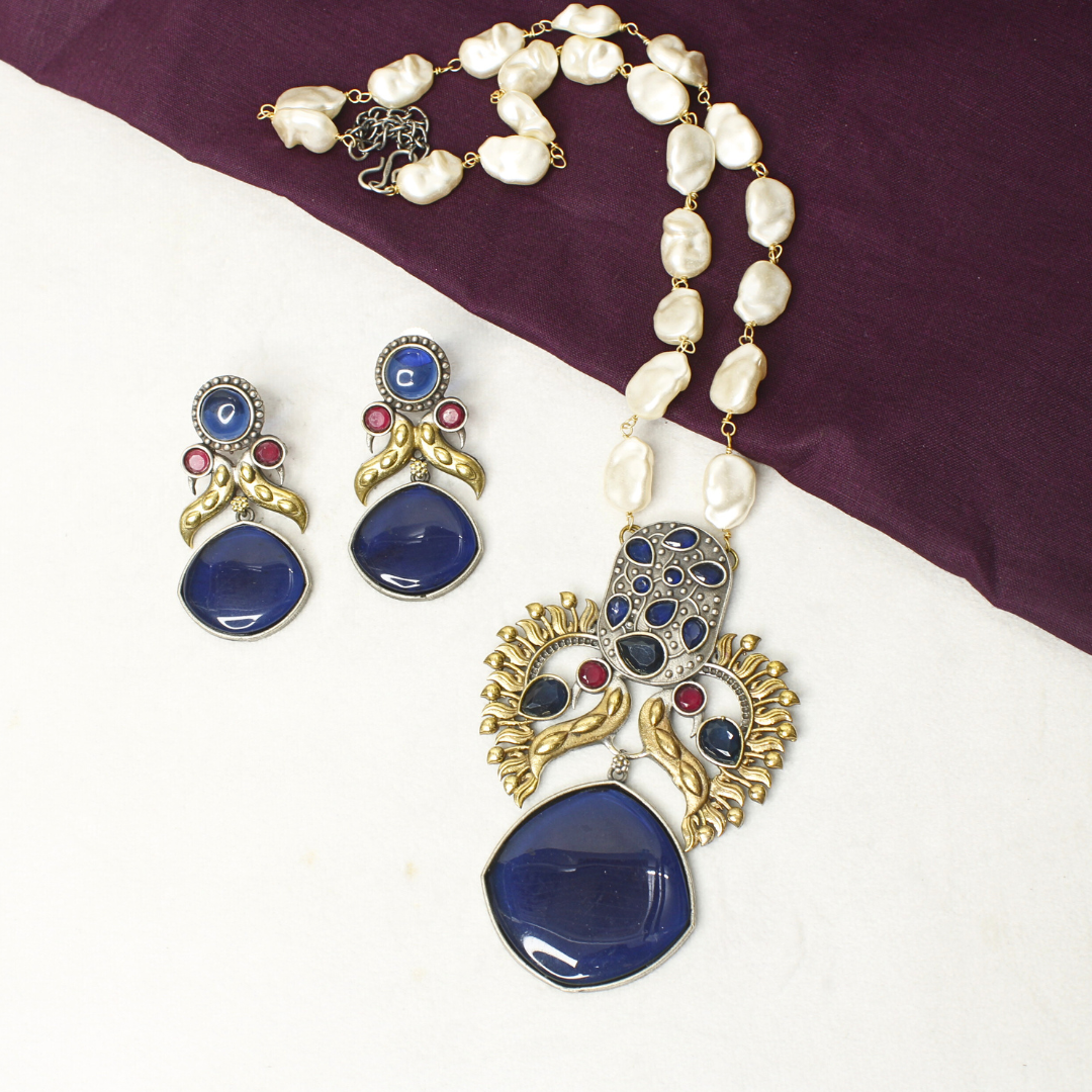 ANTIQUE ROYAL BLUE STONE PEARL NECKLACE SET - ETHNIC JEWELRY