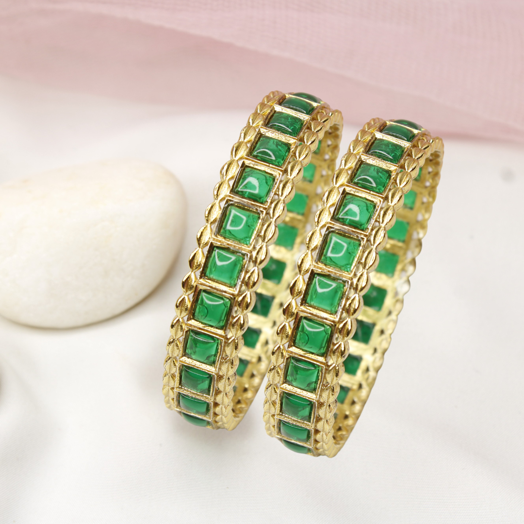 Green Square Stone Bangles Set of 2 – Gold Plated Traditional Bangles