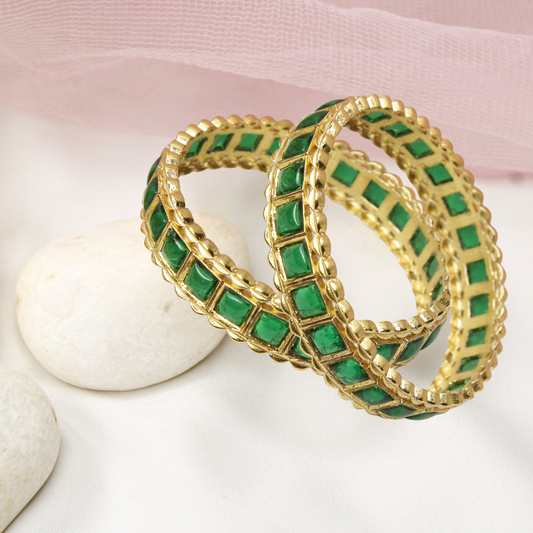 Green Square Stone Bangles Set of 2 – Gold Plated Traditional Bangles
