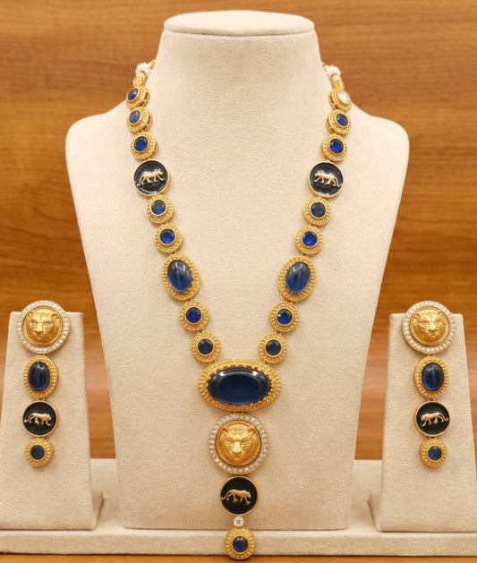 Royal Panther Blue Long Necklace Set – Handcrafted Gold-Plated Heritage Jewellery