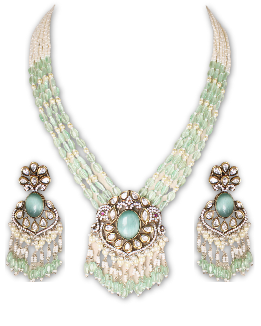 Mint Green Moissanite & American Diamond Necklace Set