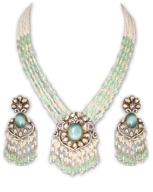 Mint Green Moissanite & American Diamond Necklace Set