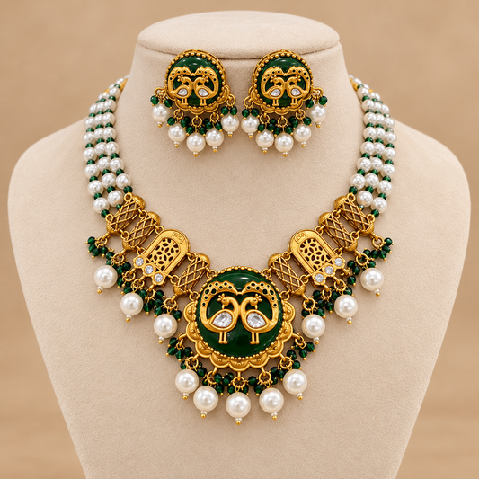 Royal Peacock Choker Set – Emerald Green Enamel With Pearl Dro