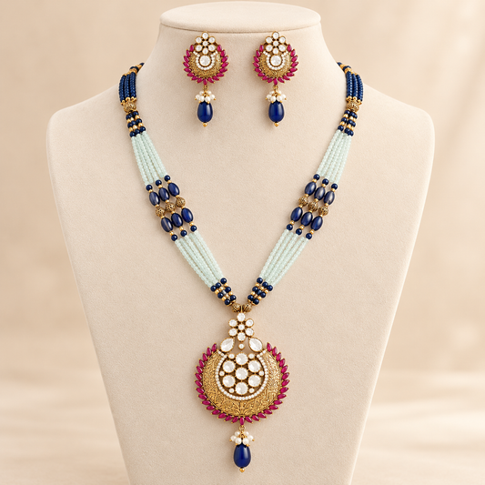Designer Beaded Pendant Necklace With Matching Earrings