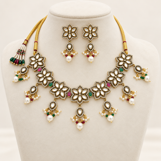 Navraee Aarohi Antique Floral Polki Necklace Set and earrings on an ivory jewelry display bust